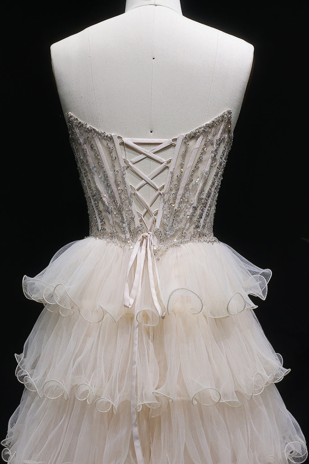 Champagne Beaded Strapless Corset Beige Prom Dress SH052 Sheer Fairy