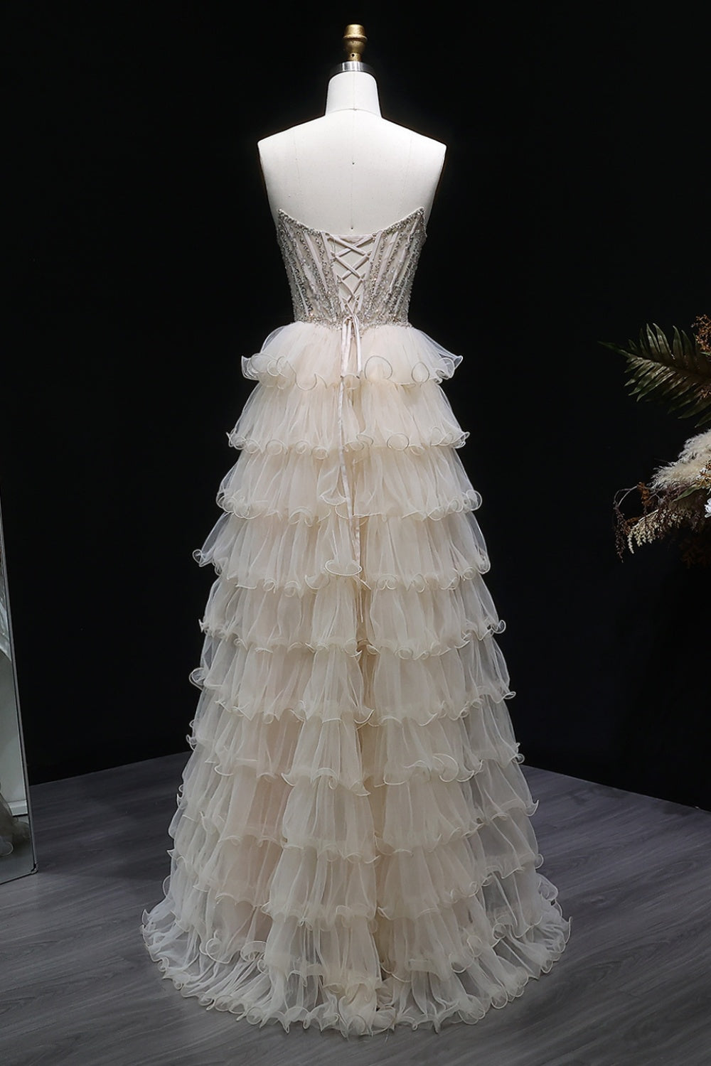 Champagne Beaded Strapless Corset Beige Prom Dress SH052 Sheer Fairy