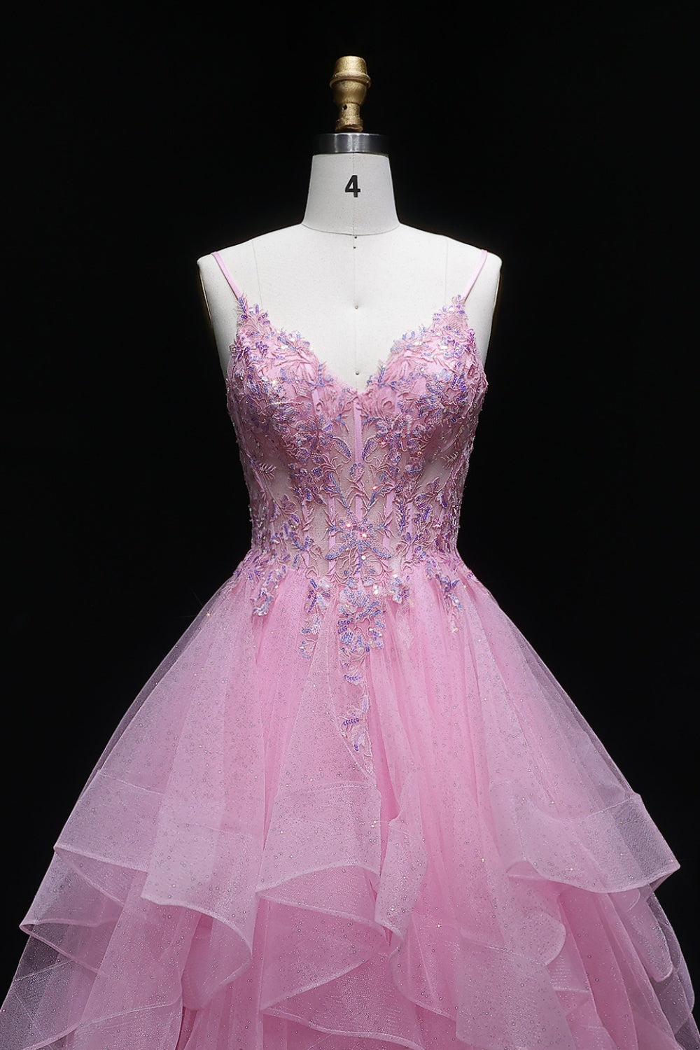 Pink Floral Lace V-neck Ruffled Tulle Prom Dress SH053 Sheer Fairy