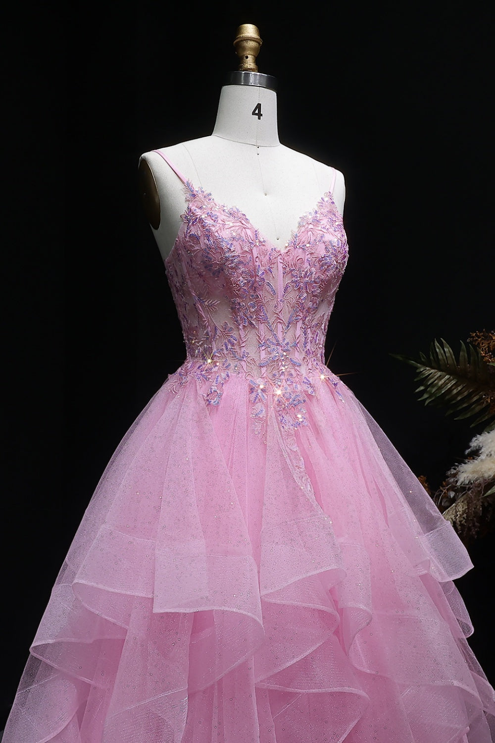 Pink Floral Lace V-neck Ruffled Tulle Prom Dress SH053 Sheer Fairy