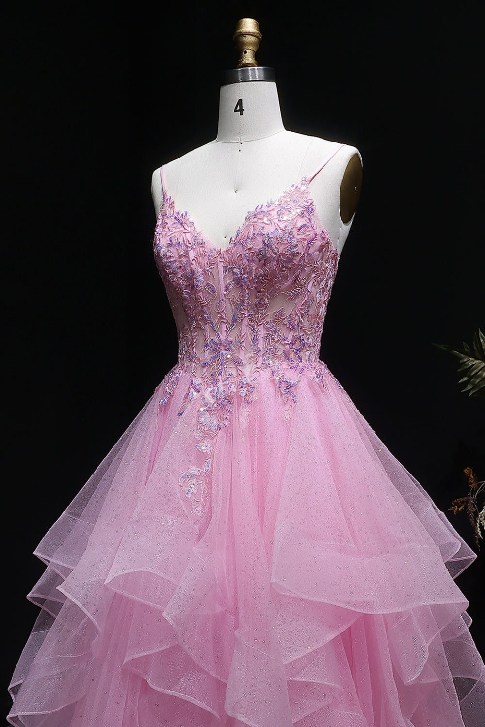 Pink Floral Lace V-neck Ruffled Tulle Prom Dress SH053 Sheer Fairy