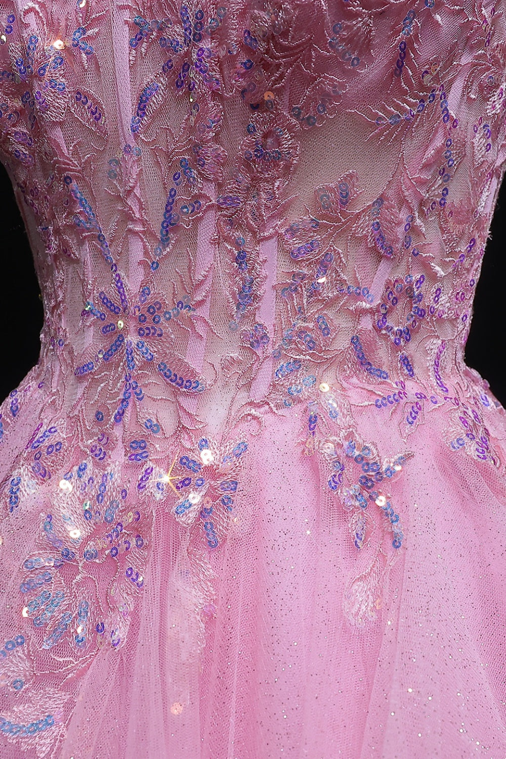 Pink Floral Lace V-neck Ruffled Tulle Prom Dress SH053 Sheer Fairy