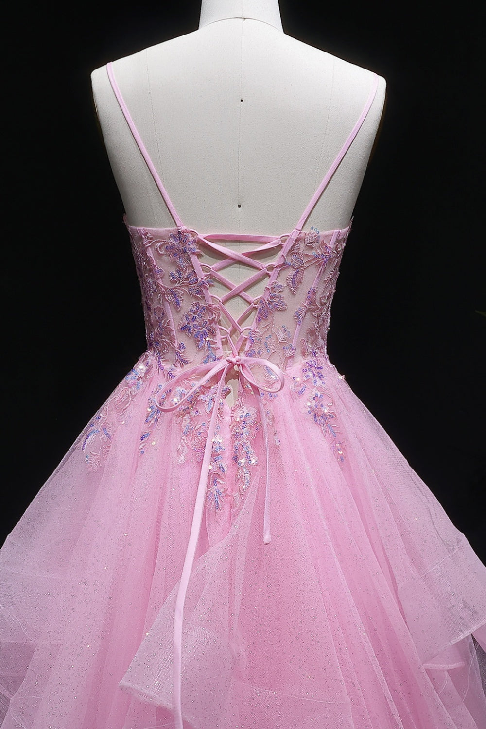 Pink Floral Lace V-neck Ruffled Tulle Prom Dress SH053 Sheer Fairy