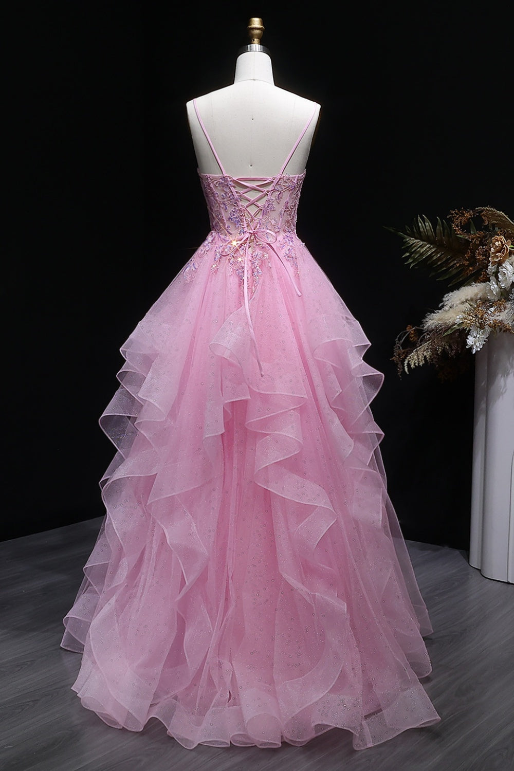 Pink Floral Lace V-neck Ruffled Tulle Prom Dress SH053 Sheer Fairy