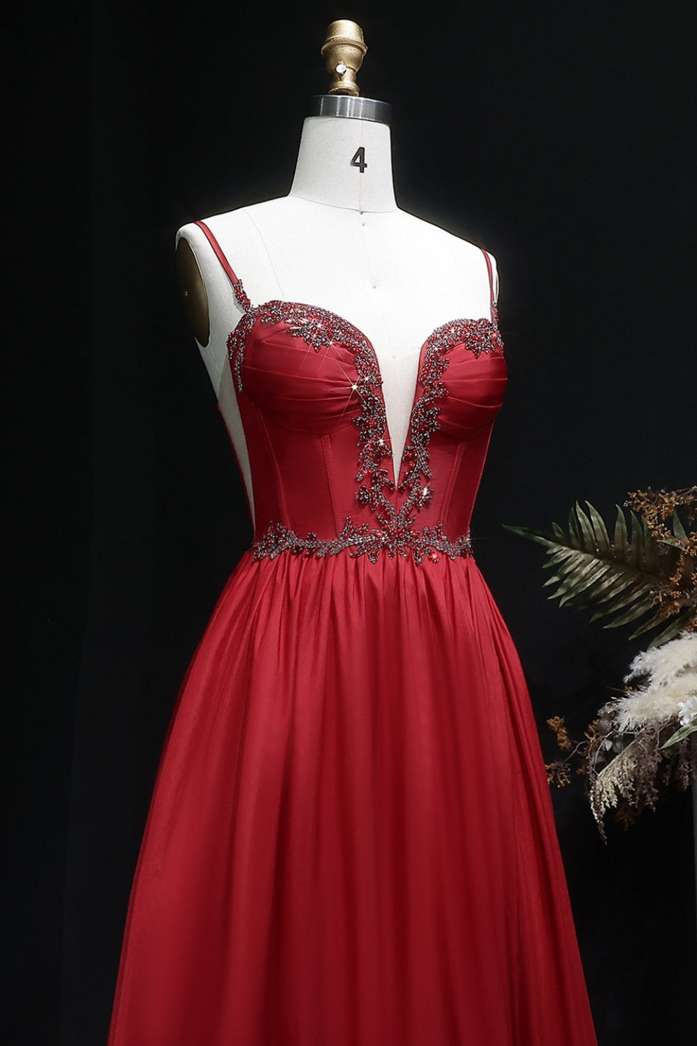 Elegant Red Beaded A-Line Spaghetti Strap Prom Dress SH055 Sheer Fairy