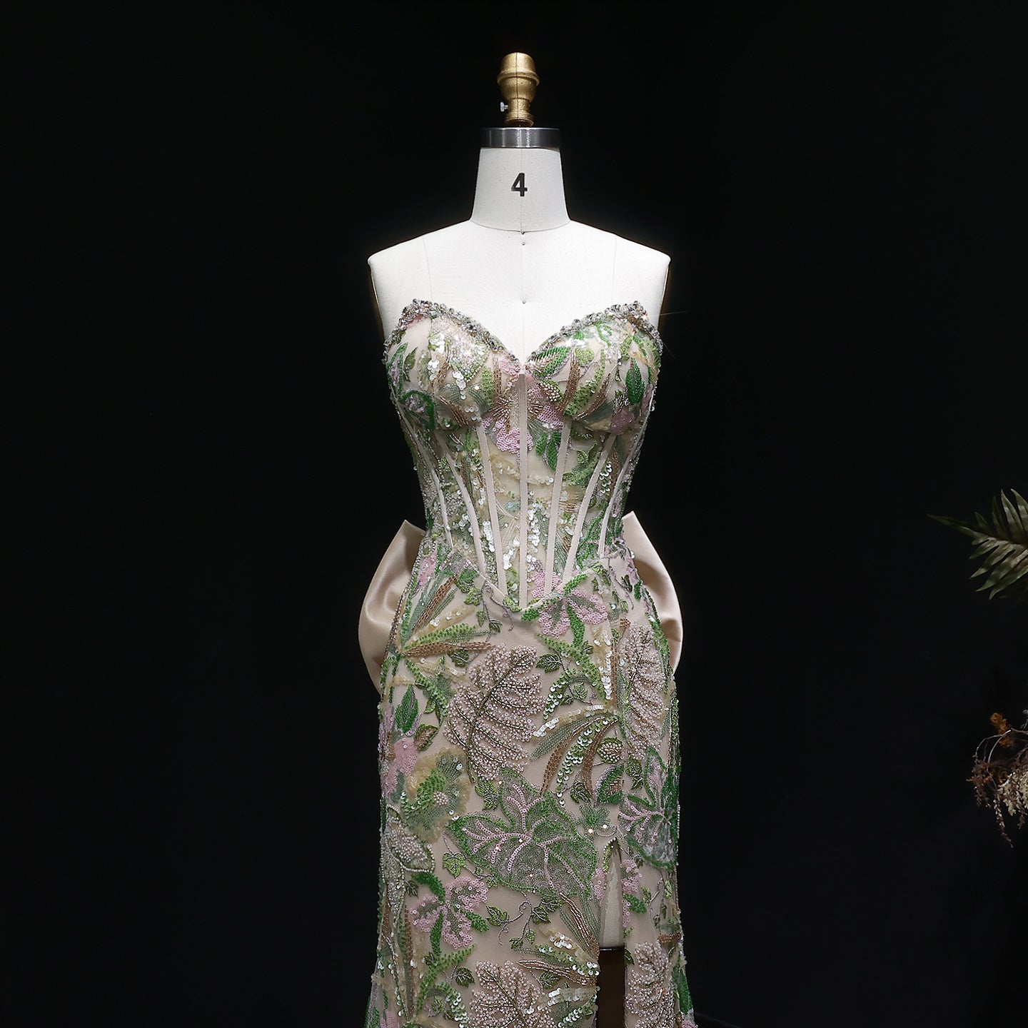 Luxury Green Floral Embroidered Prom Dress High Slit with Bow Knot SH058 Sheer Fairy