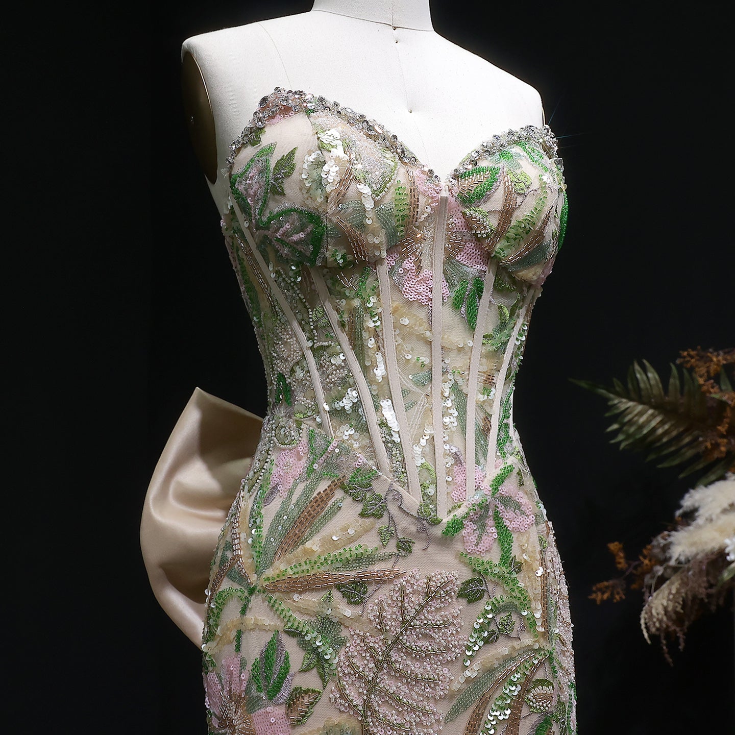 Luxury Green Floral Embroidered Prom Dress High Slit with Bow Knot SH058 Sheer Fairy