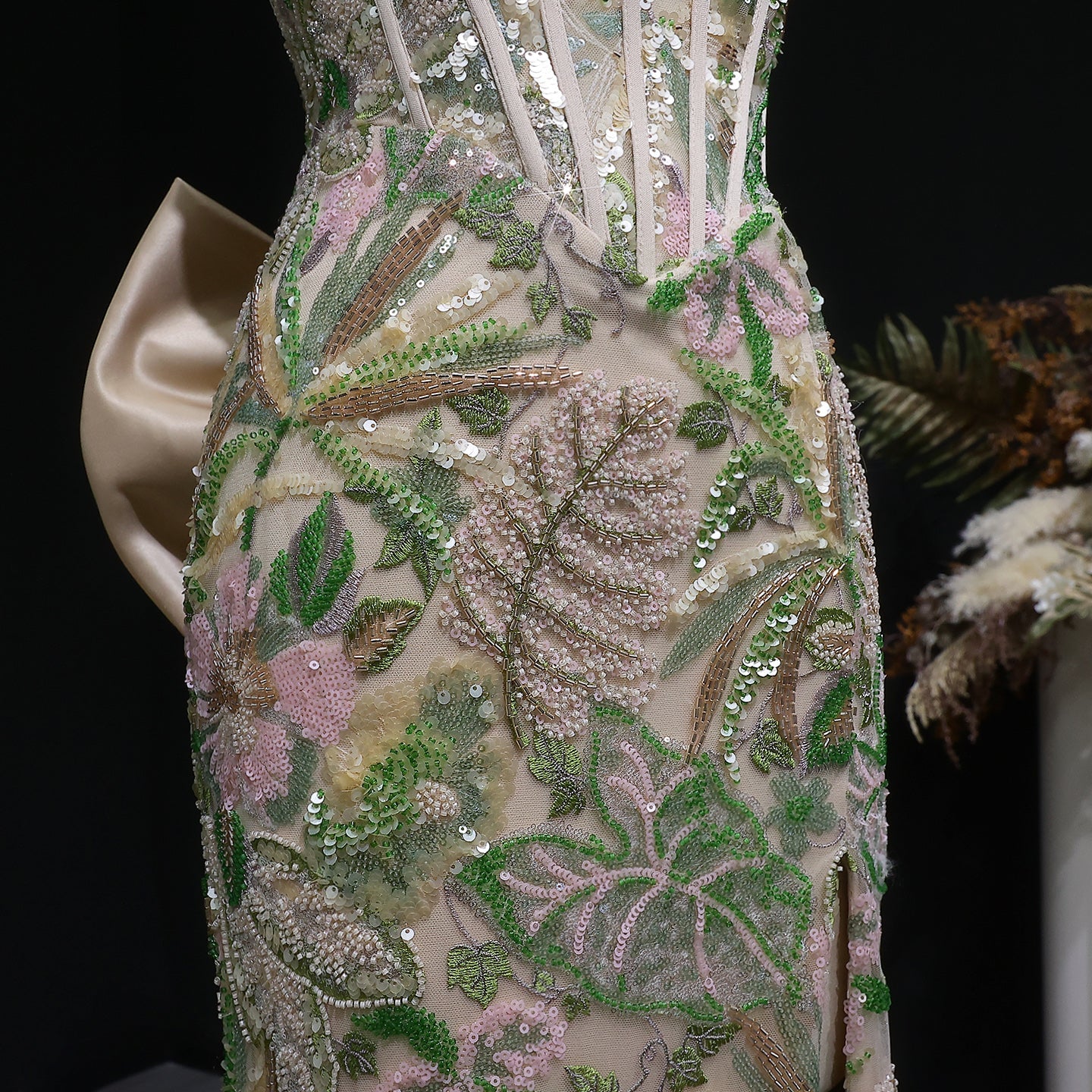 Luxury Green Floral Embroidered Prom Dress High Slit with Bow Knot SH058 Sheer Fairy