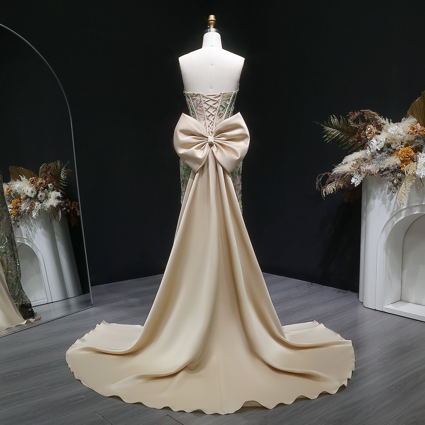 Luxury Green Floral Embroidered Prom Dress High Slit with Bow Knot SH058 Sheer Fairy