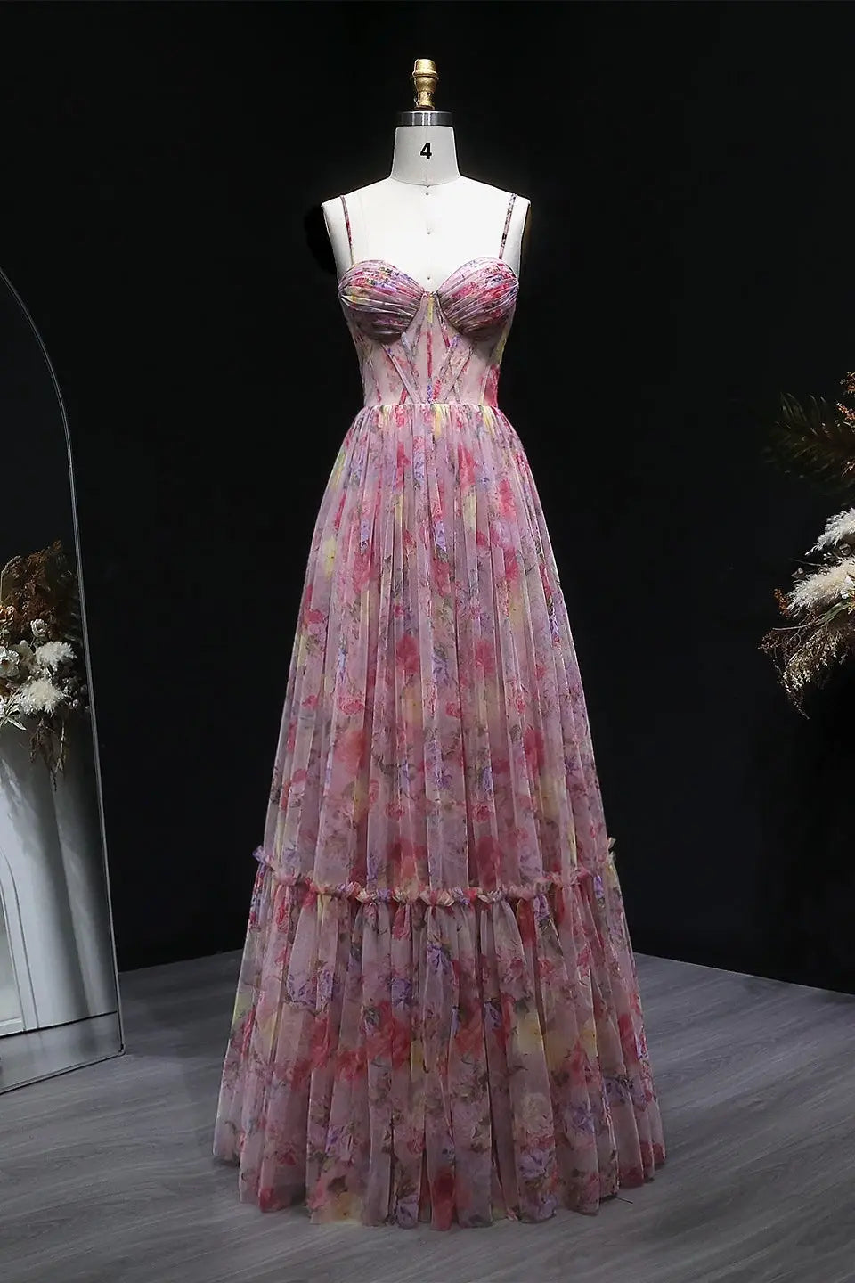 Pastel Floral Print Sweetheart Neckline Tiered Tulle A-Line Prom Dress SHEER FAIRY Pastel Floral Print Sweetheart Neckline Tiered Tulle A-Line Prom Dress SHEER FAIRY
