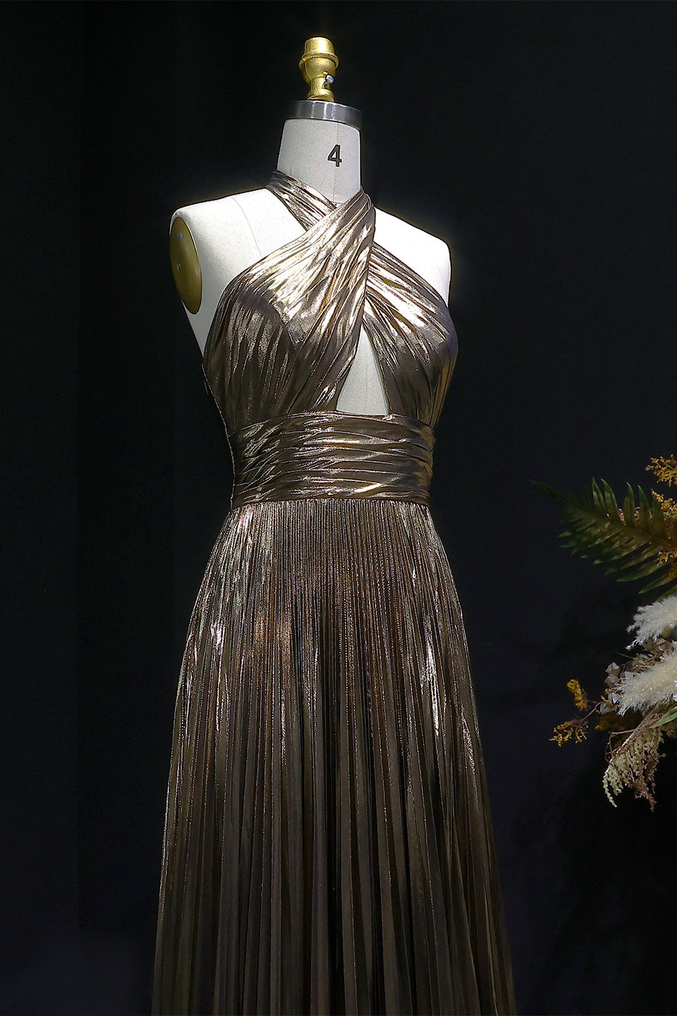 Retro Metallic Bronze Halter Neck A-Line Prom Dress SH118 Sheer Fairy