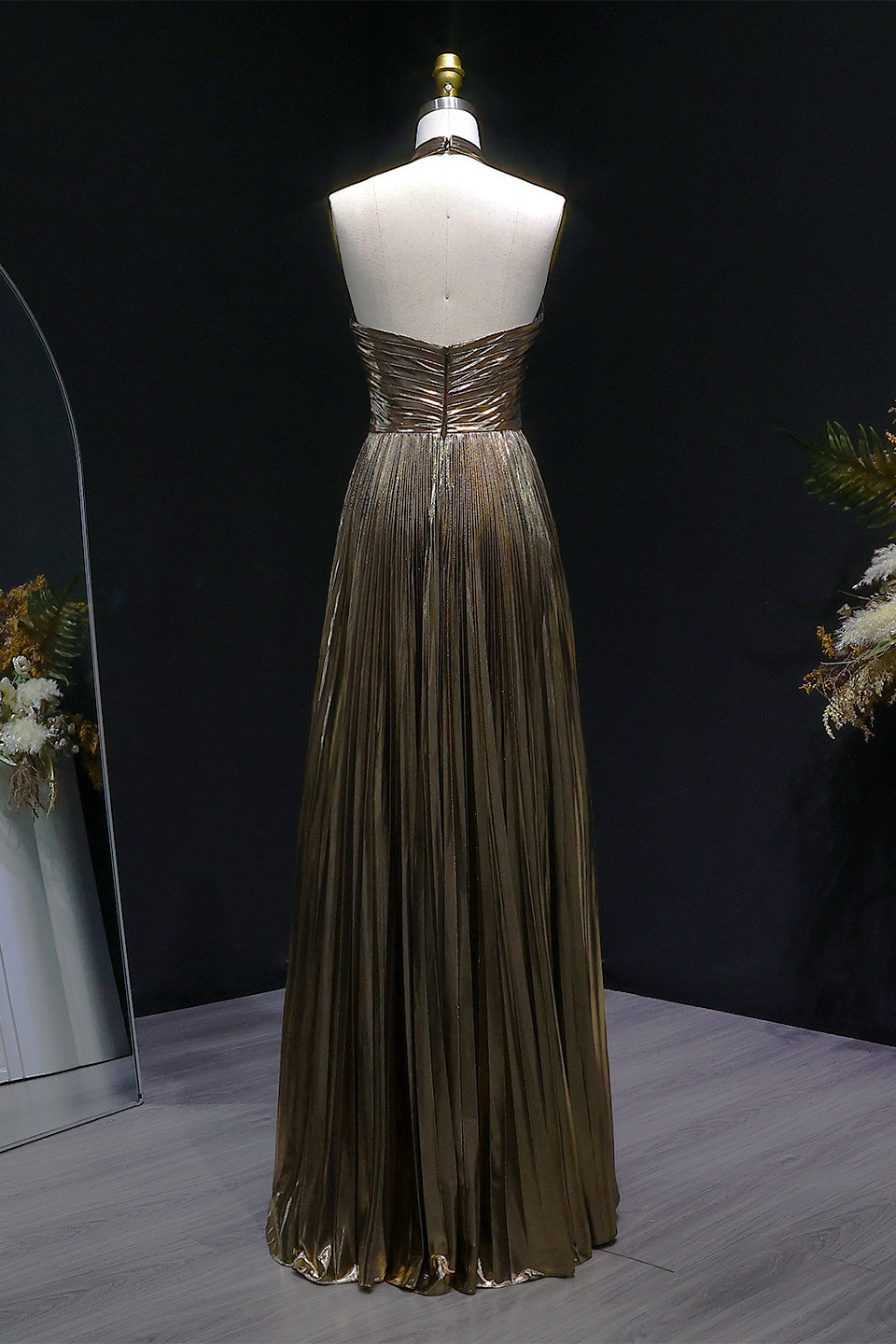 Retro Metallic Bronze Halter Neck A-Line Prom Dress SH118 Sheer Fairy