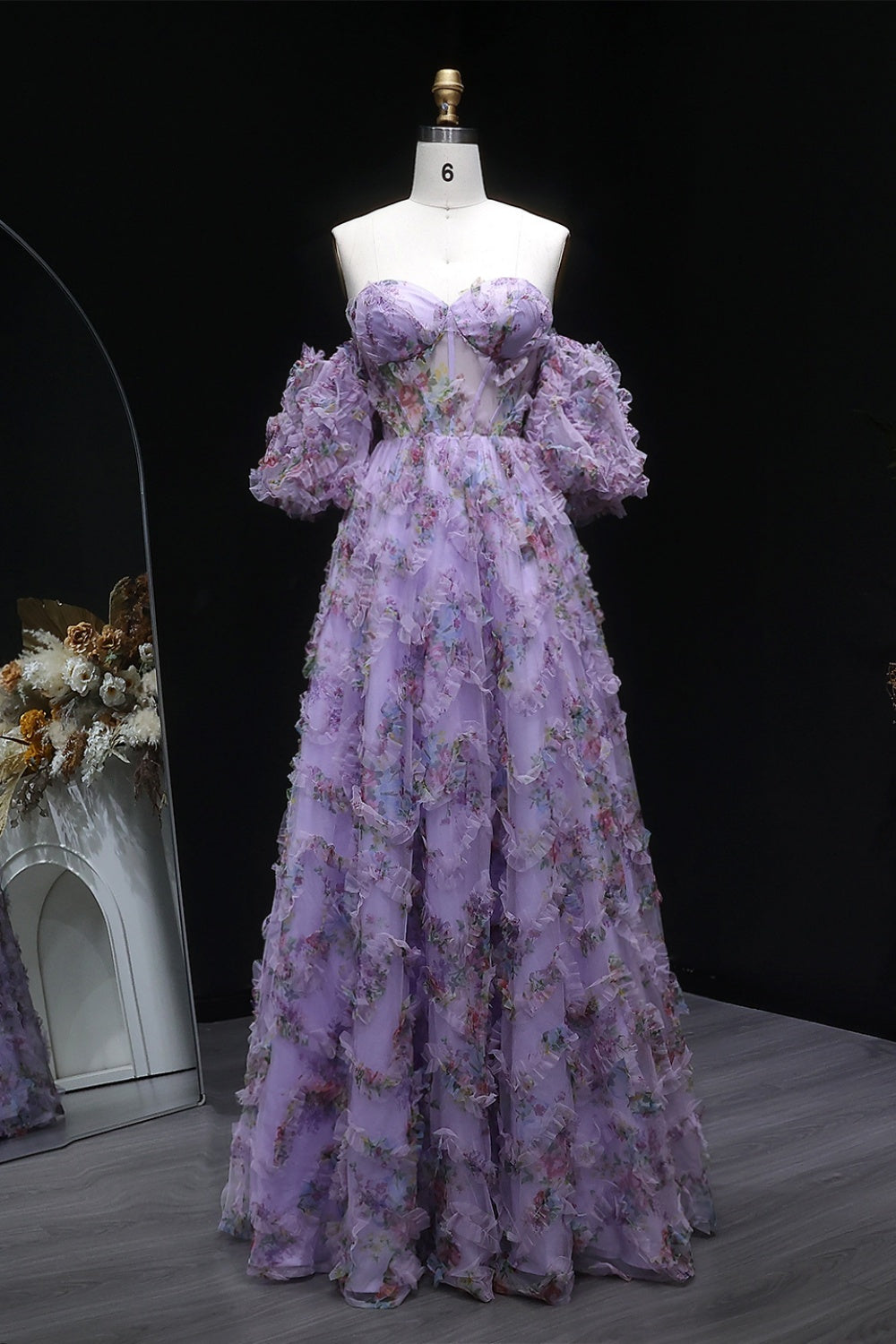 Modest Lavender Lilac Floral Ballgown Prom Dress SH122 Sheer Fairy