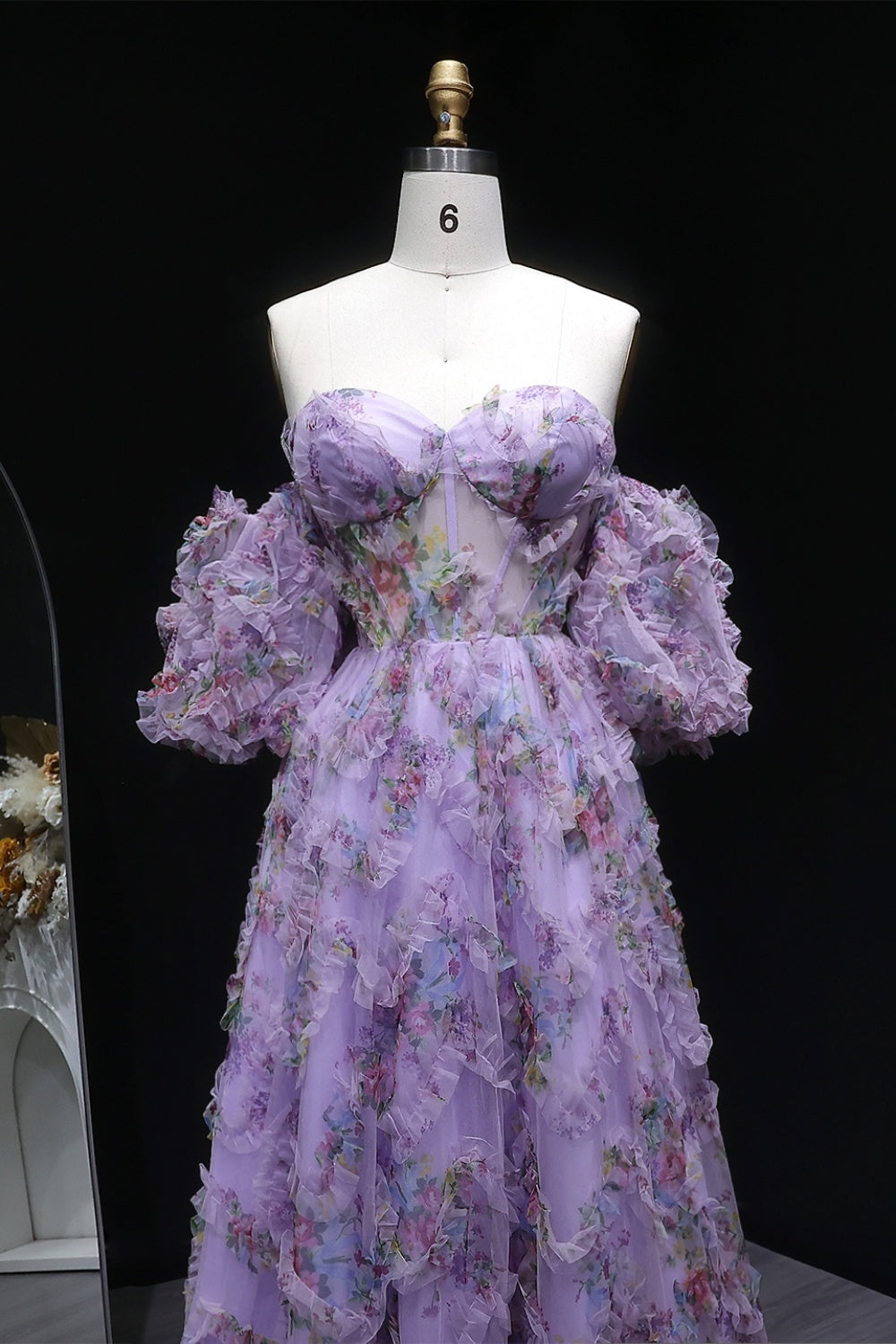 Modest Lavender Lilac Floral Ballgown Prom Dress SH122 Sheer Fairy