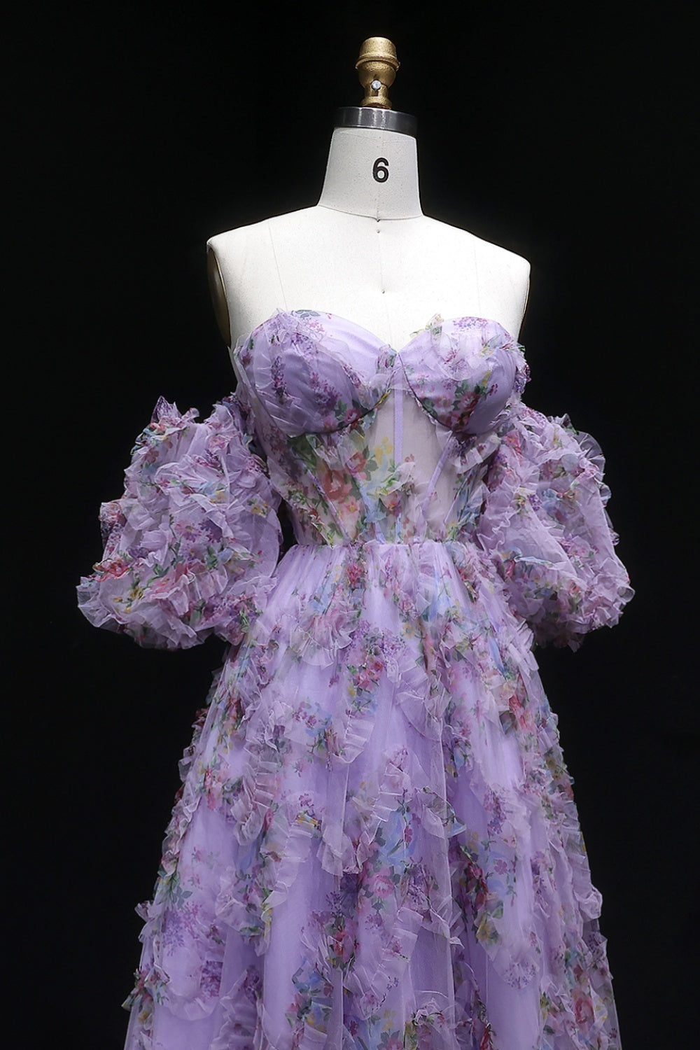 Modest Lavender Lilac Floral Ballgown Prom Dress SH122 Sheer Fairy