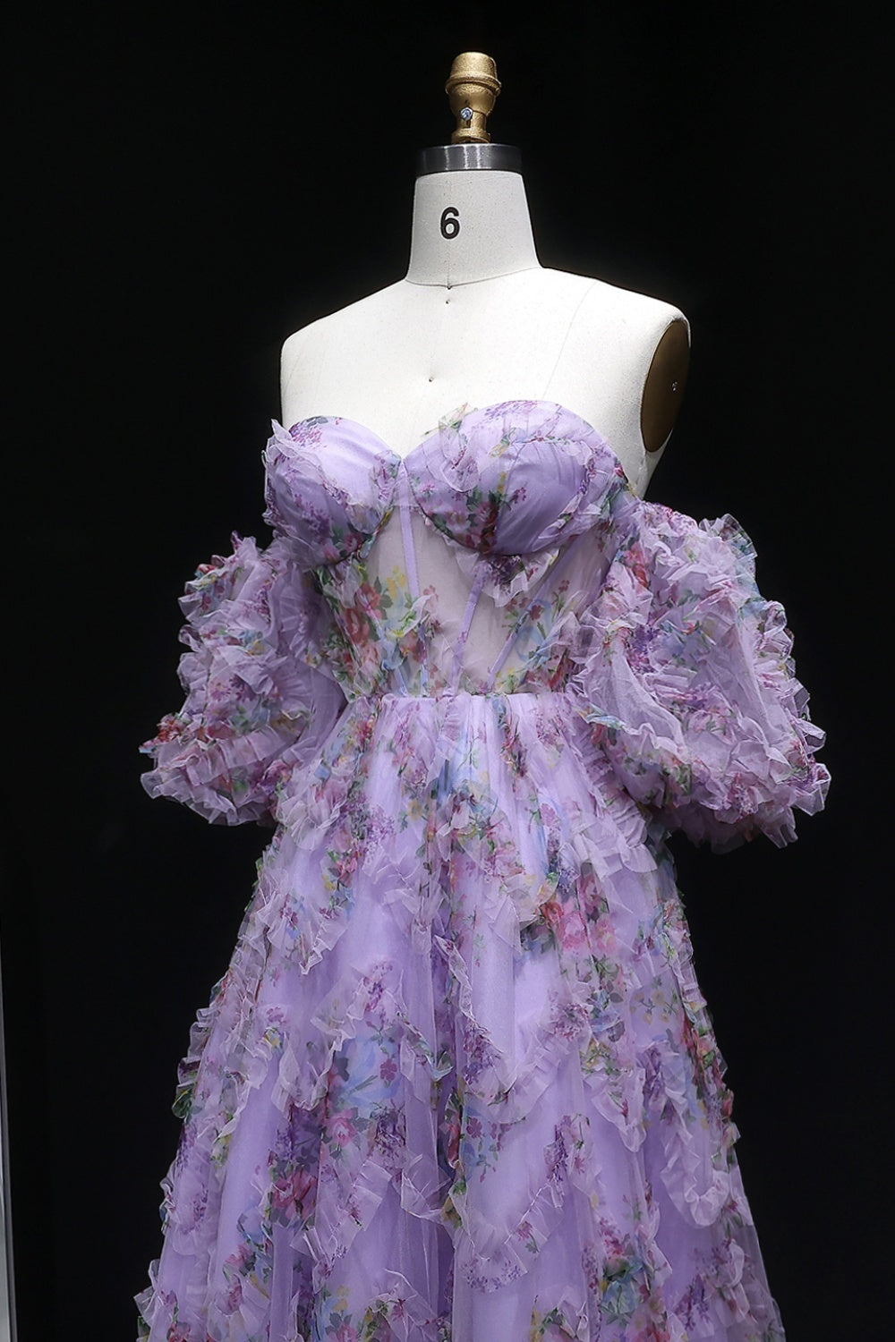 Modest Lavender Lilac Floral Ballgown Prom Dress SH122 Sheer Fairy
