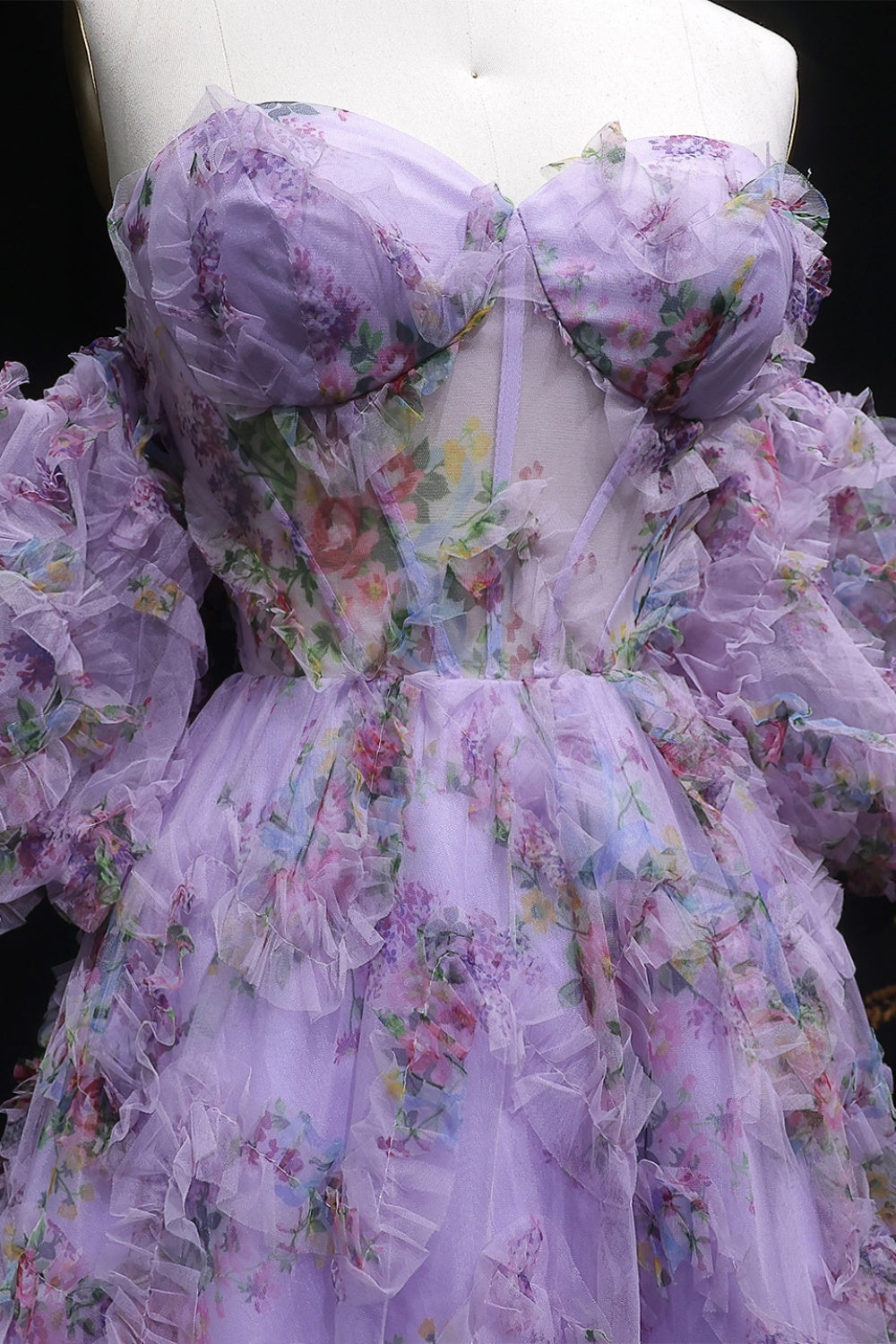 Modest Lavender Lilac Floral Ballgown Prom Dress SH122 Sheer Fairy