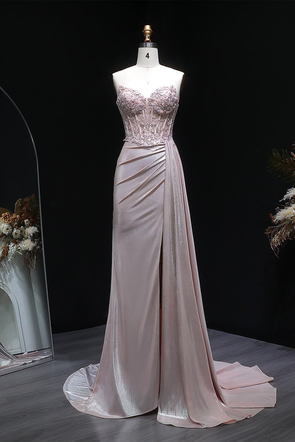 Blush Pink Satin Strapless Sweetheart Sheath Prom Dress SH128 Sheer Fairy