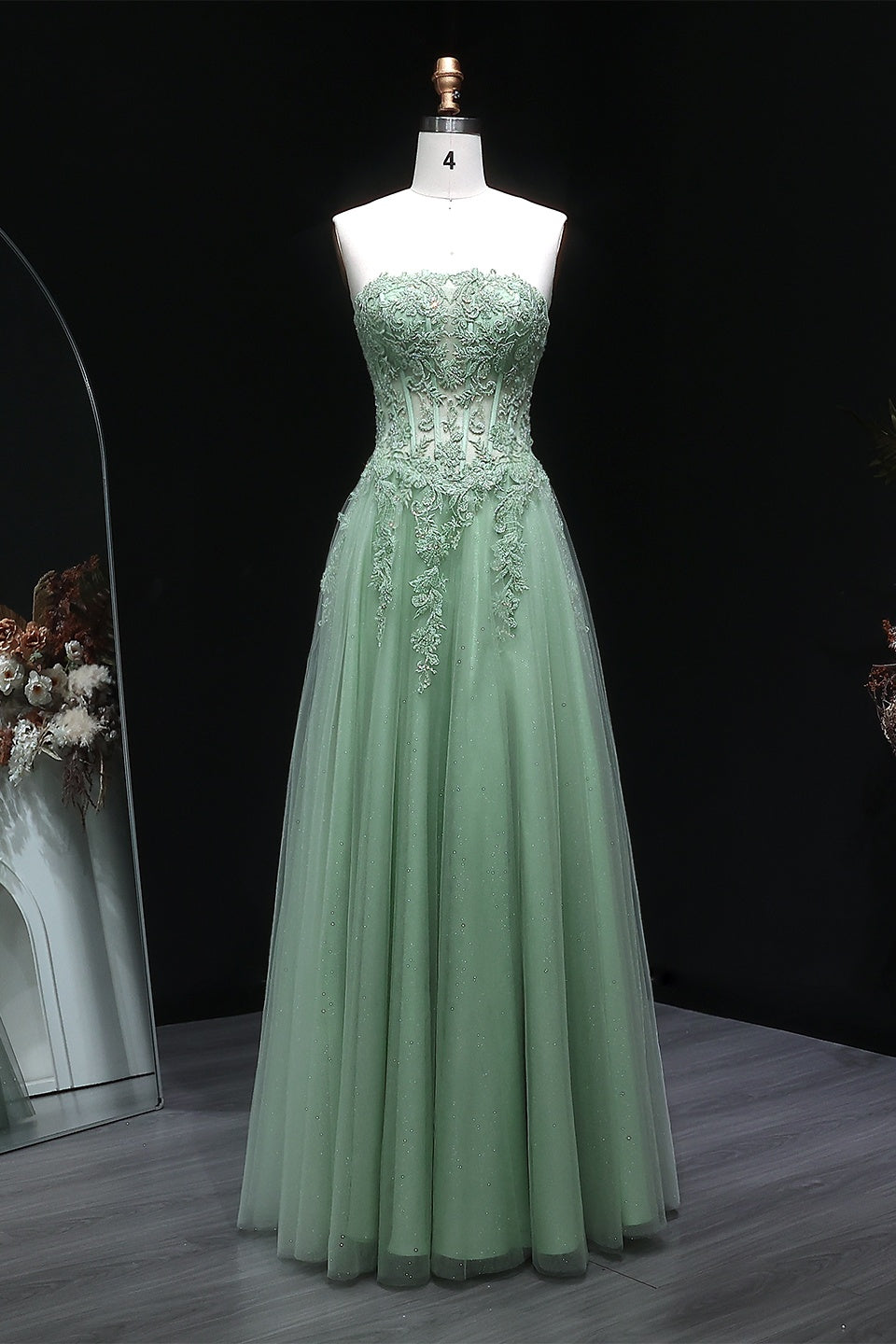 Sage Green Lace Strapless Off Shoulder A-Line Prom Dress SH130 Sheer Fairy