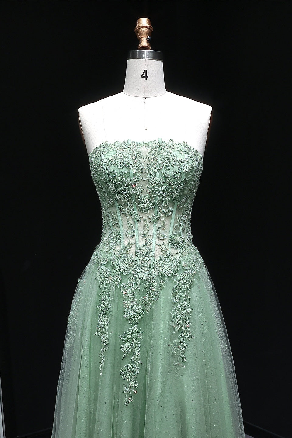 Sage Green Lace Strapless Off Shoulder A-Line Prom Dress SH130 Sheer Fairy