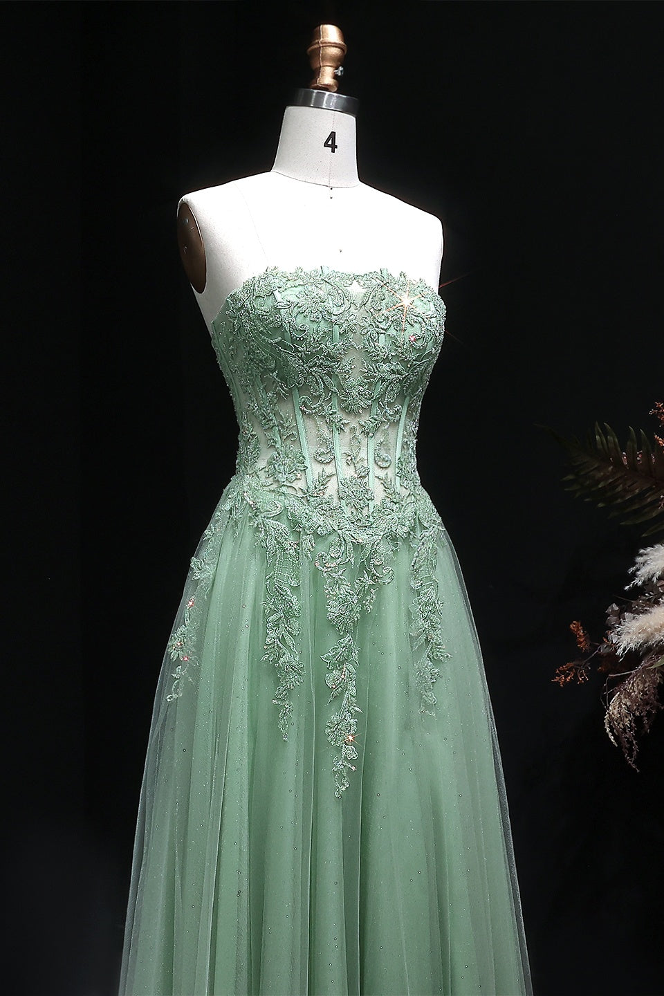 Sage Green Lace Strapless Off Shoulder A-Line Prom Dress SH130 Sheer Fairy