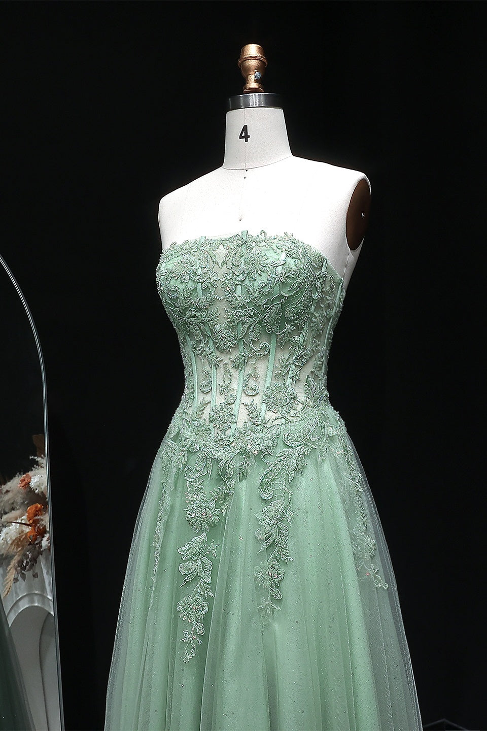 Sage Green Lace Strapless Off Shoulder A-Line Prom Dress SH130 Sheer Fairy