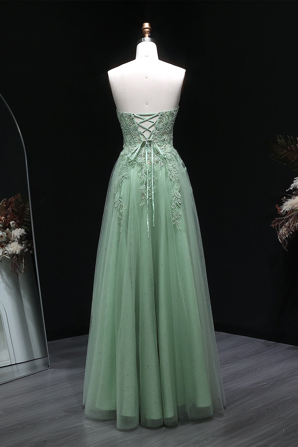 Sage Green Lace Strapless Off Shoulder A-Line Prom Dress SH130 Sheer Fairy