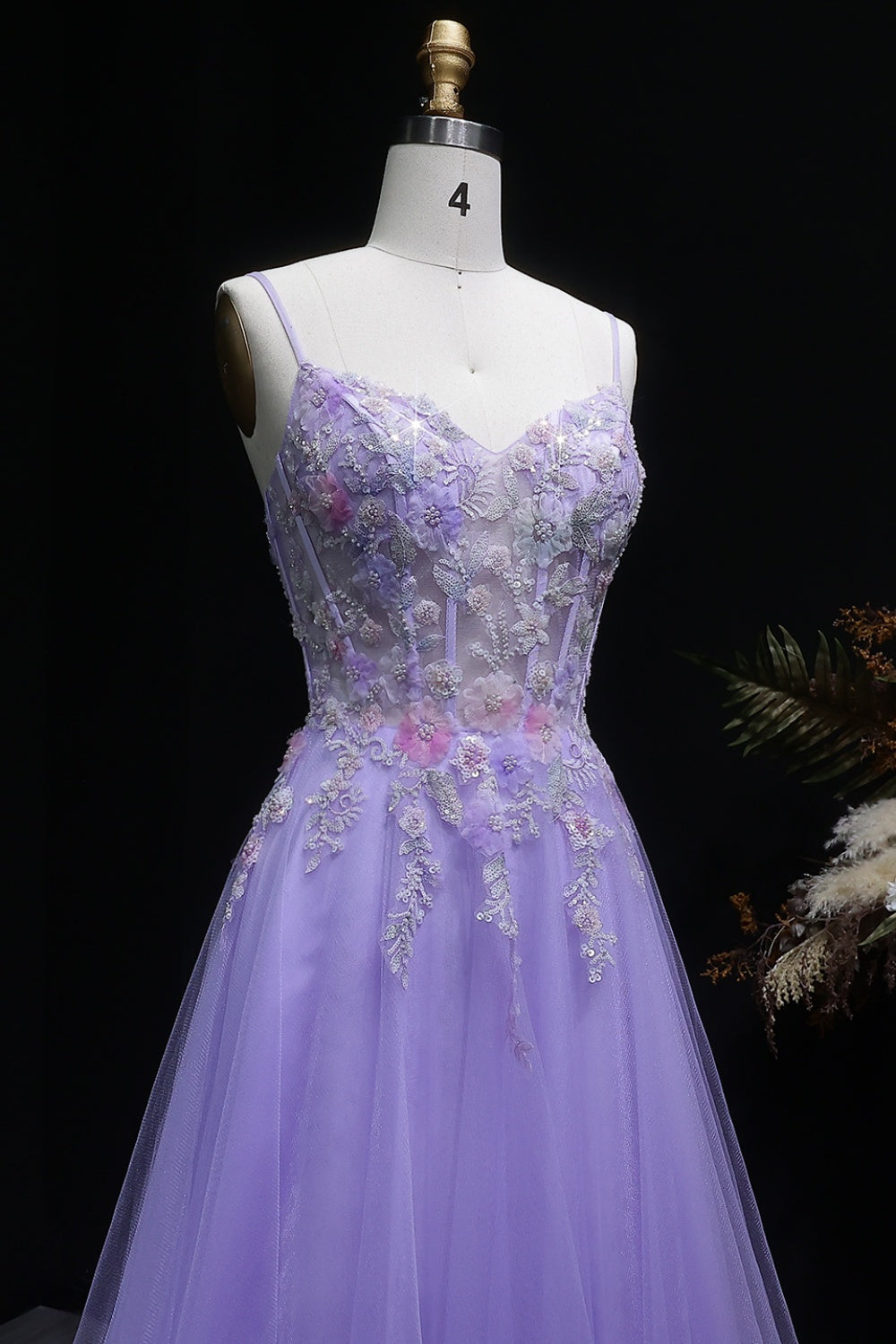 Lavender Tulle A-Line Spaghetti Strap Prom Dress with 3D Floral SH144 Sheer Fairy