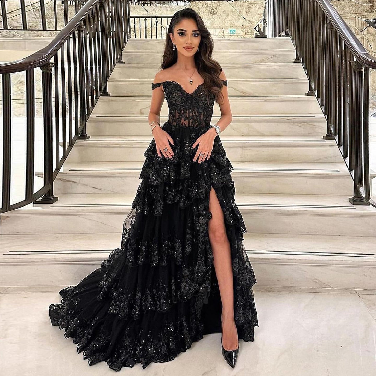 High Slit and Sequins Off-Shoulder Lace Ruffled A-Line Evening Gown SH150 - SHEER FAIRY