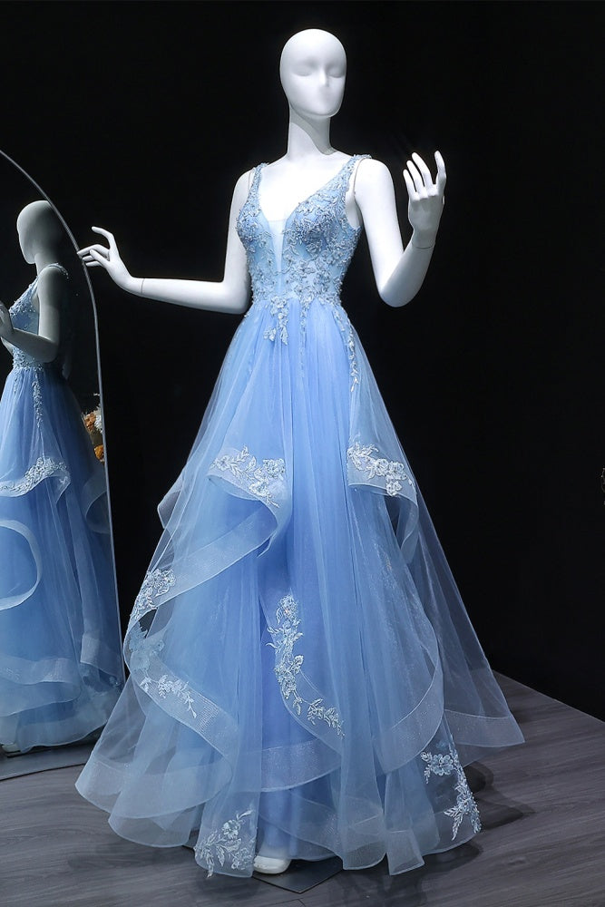 Pleated Light Blue Tulle Beaded Ballgown Prom Dress SH161 Sheer Fairy