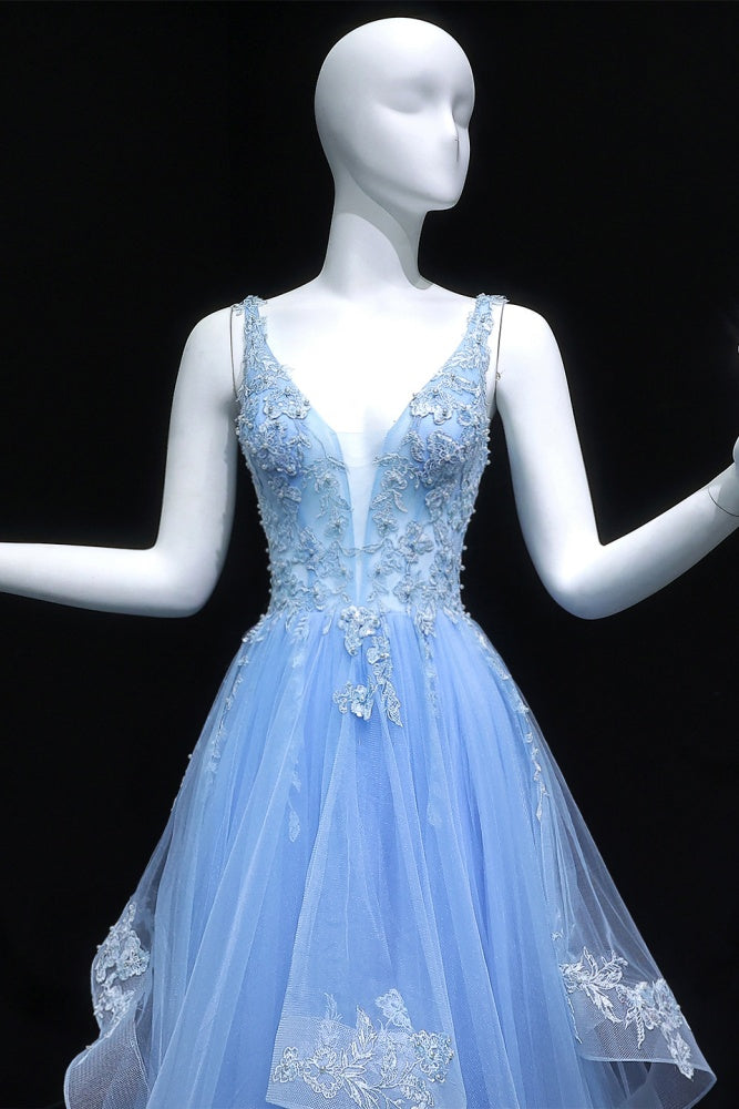 Pleated Light Blue Tulle Beaded Ballgown Prom Dress SH161 Sheer Fairy