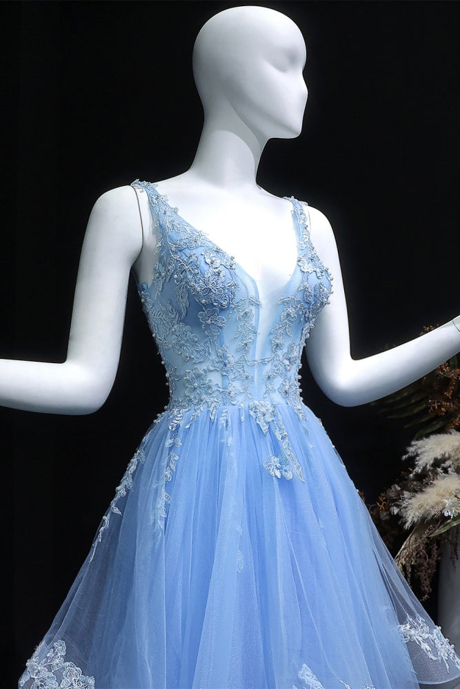 Pleated Light Blue Tulle Beaded Ballgown Prom Dress SH161 Sheer Fairy