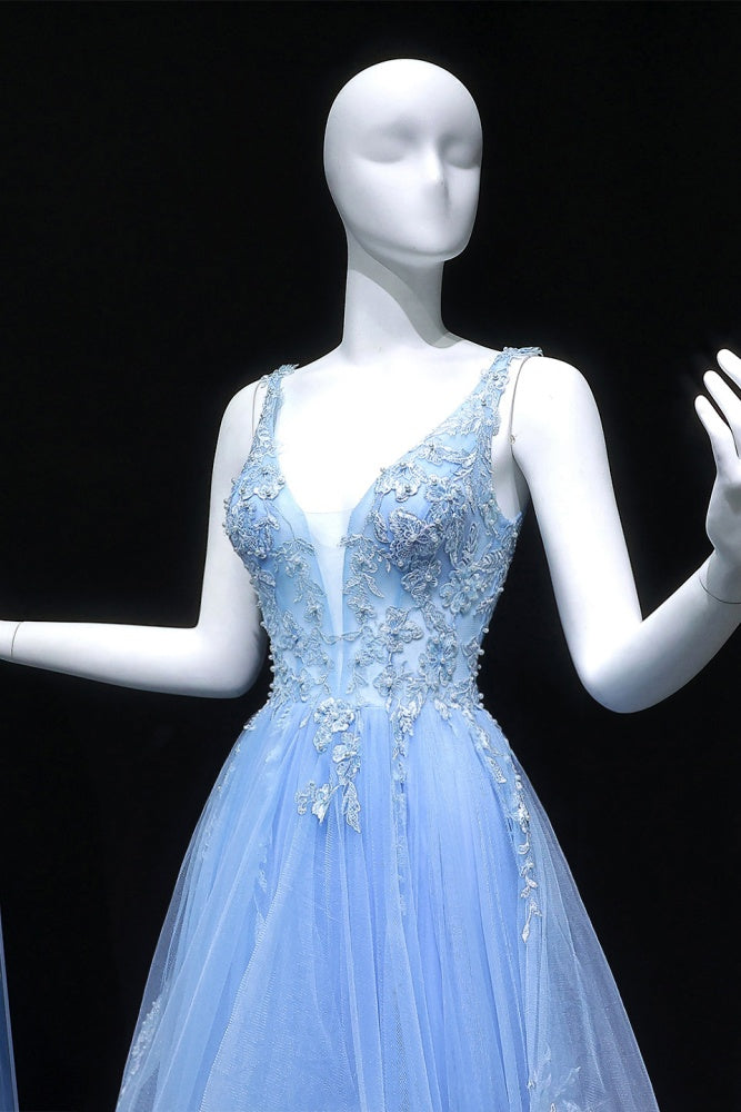 Pleated Light Blue Tulle Beaded Ballgown Prom Dress SH161 Sheer Fairy