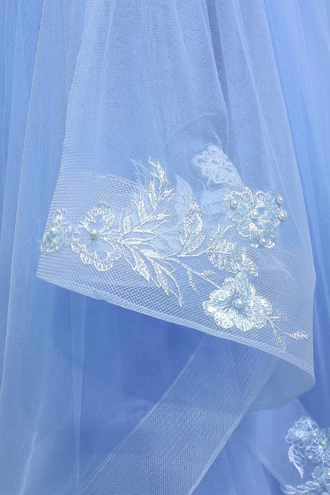 Pleated Light Blue Tulle Beaded Ballgown Prom Dress SH161 Sheer Fairy