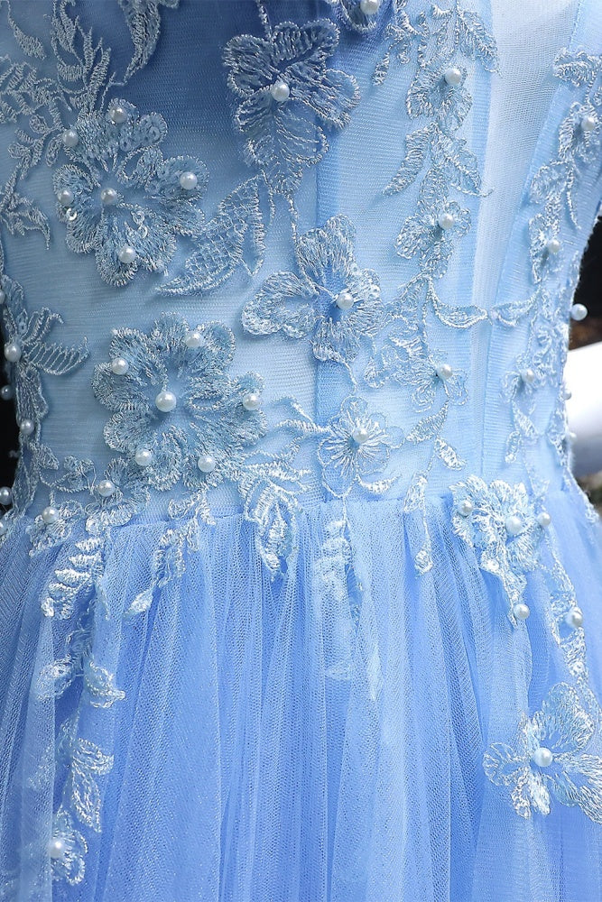 Pleated Light Blue Tulle Beaded Ballgown Prom Dress SH161 Sheer Fairy