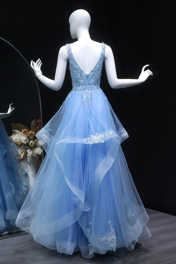 Pleated Light Blue Tulle Beaded Ballgown Prom Dress SH161 Sheer Fairy