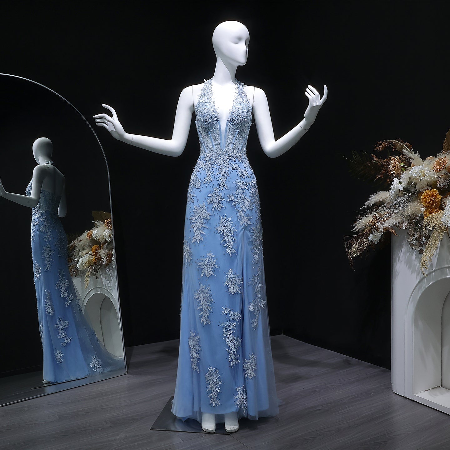 Light Blue Halter Mermaid Prom Dress with Lace Beaded SH170 Sheer Fairy