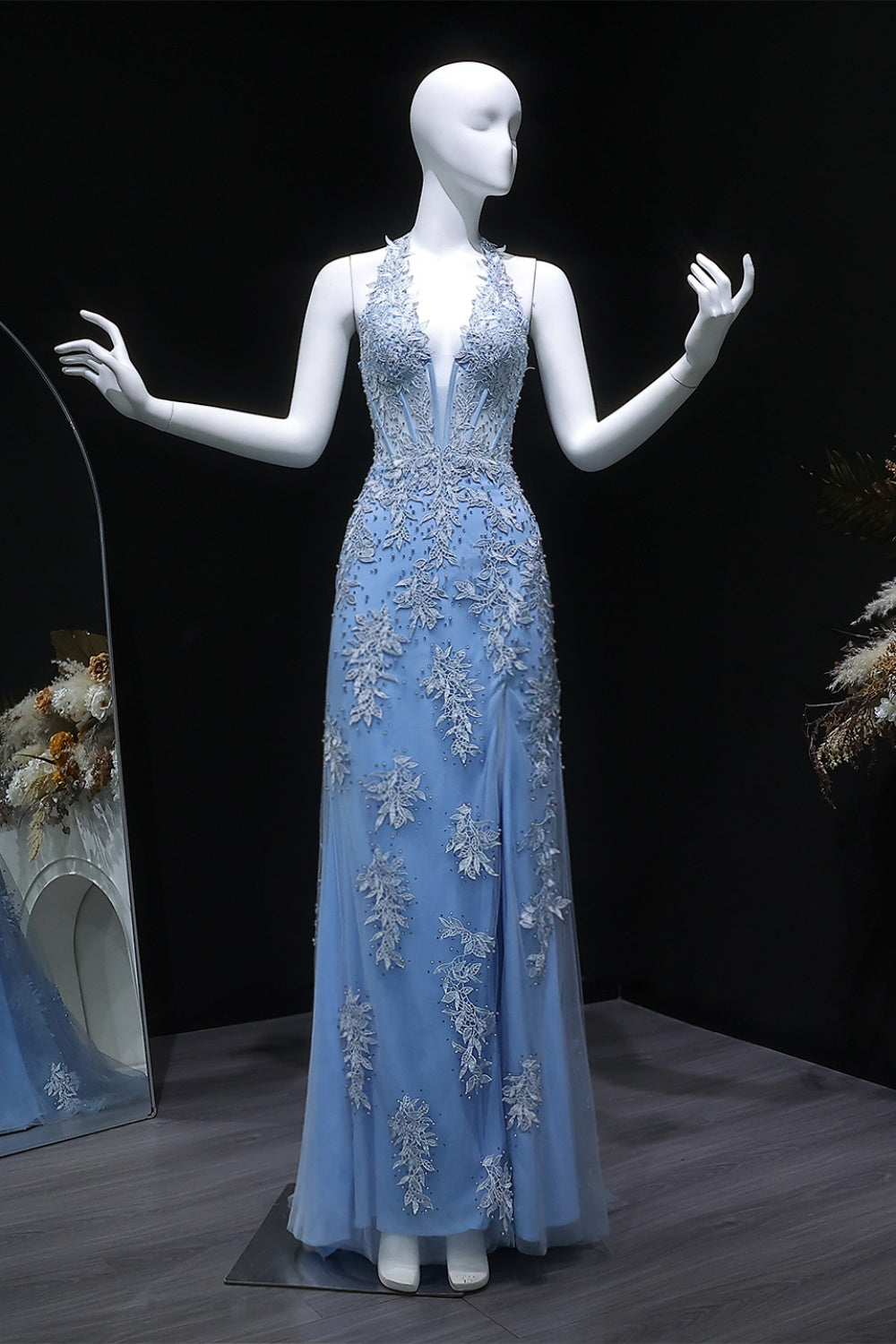 Light Blue Halter Mermaid Prom Dress with Lace Beaded SH170 Sheer Fairy