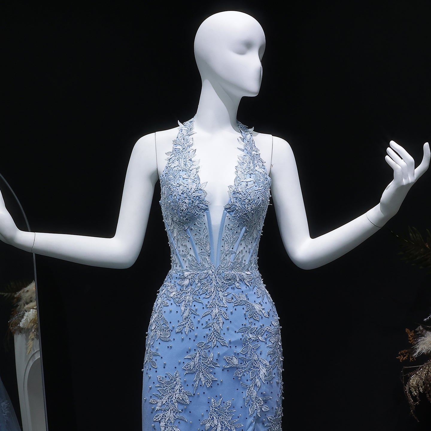 Light Blue Halter Mermaid Prom Dress with Lace Beaded SH170 Sheer Fairy