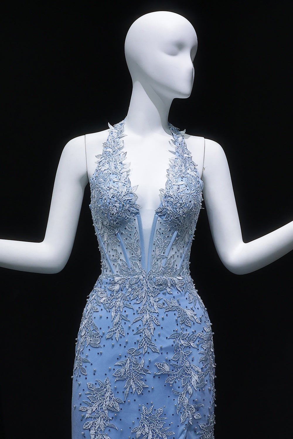 Light Blue Halter Mermaid Prom Dress with Lace Beaded SH170 Sheer Fairy