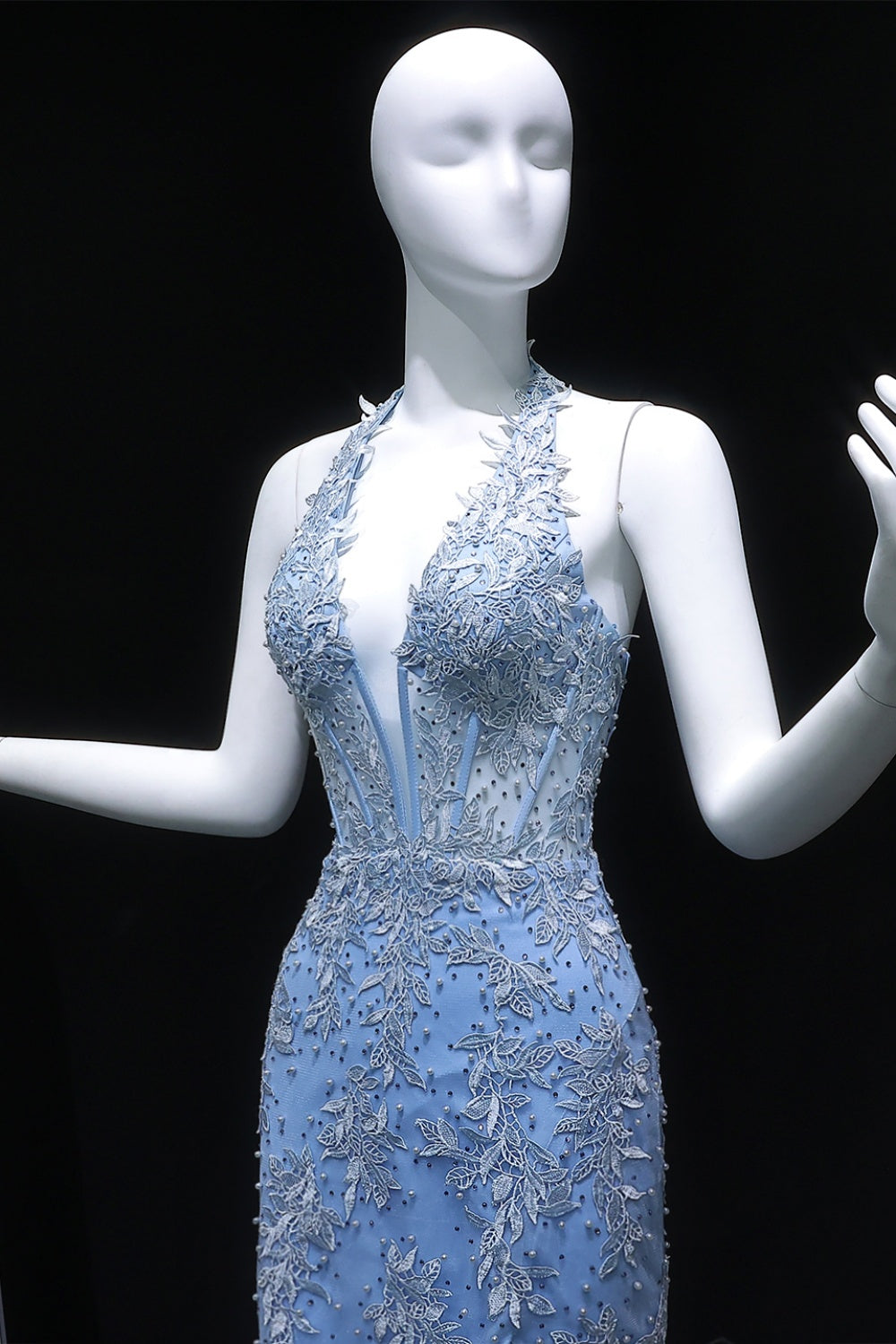 Light Blue Halter Mermaid Prom Dress with Lace Beaded SH170 Sheer Fairy