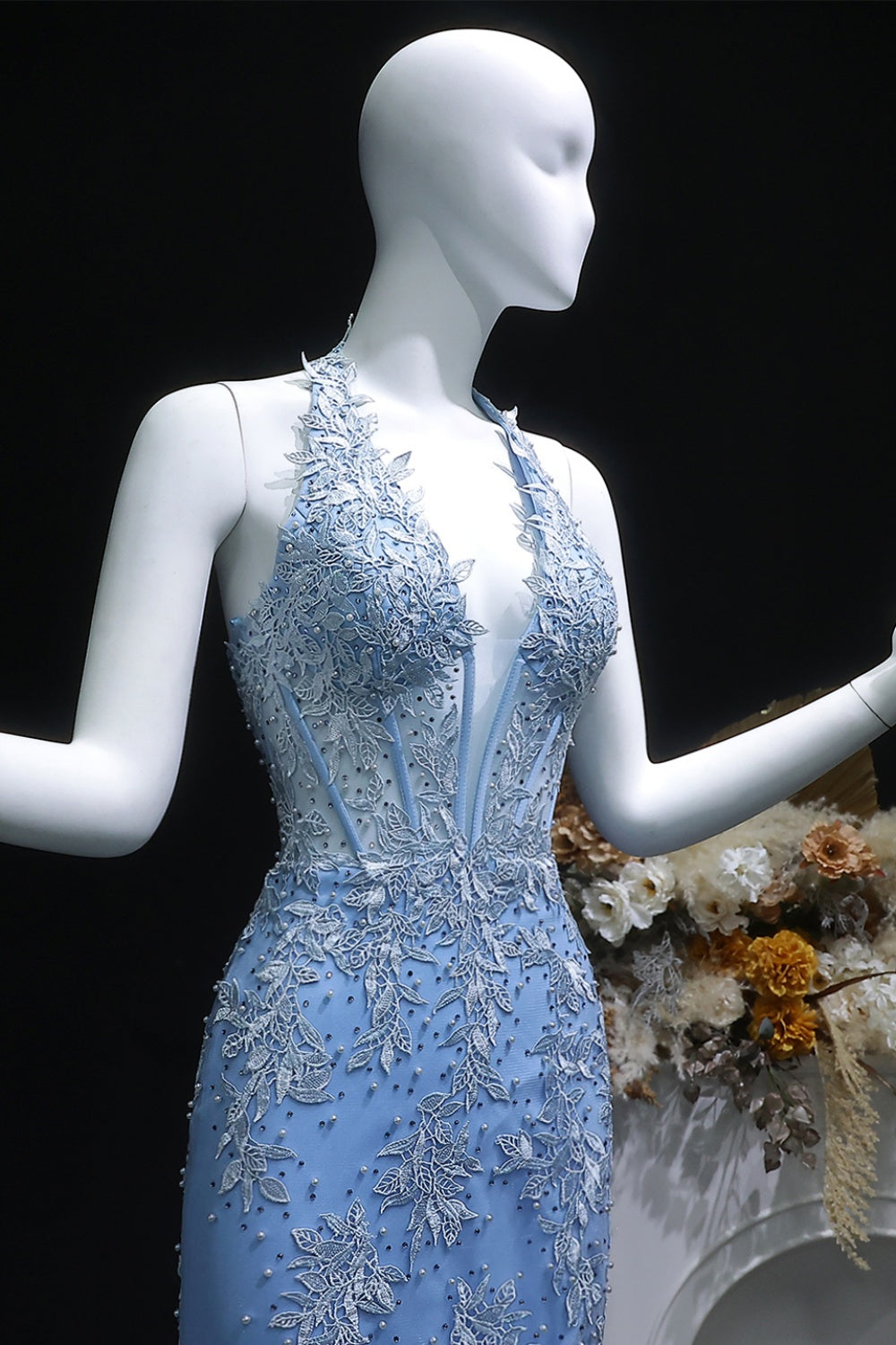 Light Blue Halter Mermaid Prom Dress with Lace Beaded SH170 Sheer Fairy