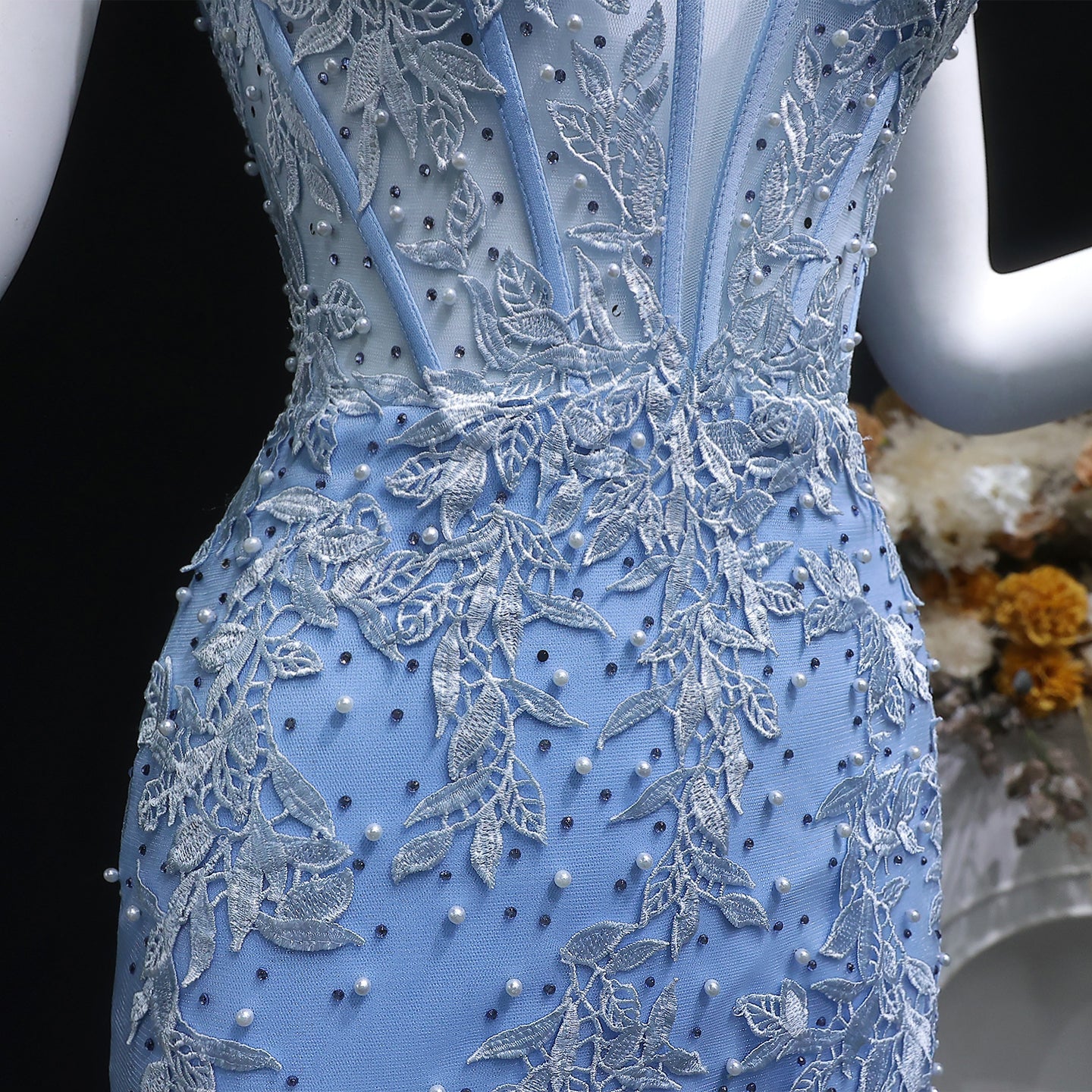 Light Blue Halter Mermaid Prom Dress with Lace Beaded SH170 Sheer Fairy