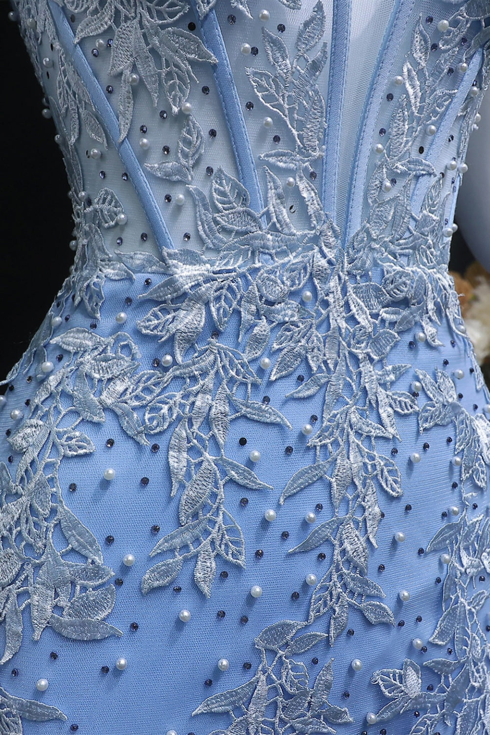 Light Blue Halter Mermaid Prom Dress with Lace Beaded SH170 Sheer Fairy