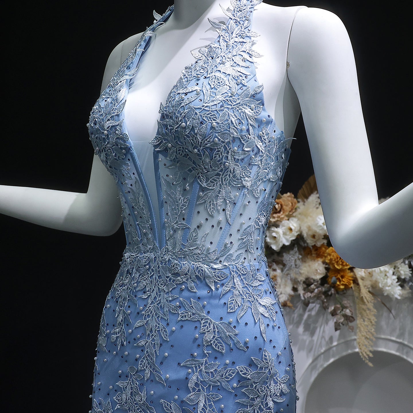 Light Blue Halter Mermaid Prom Dress with Lace Beaded SH170 Sheer Fairy