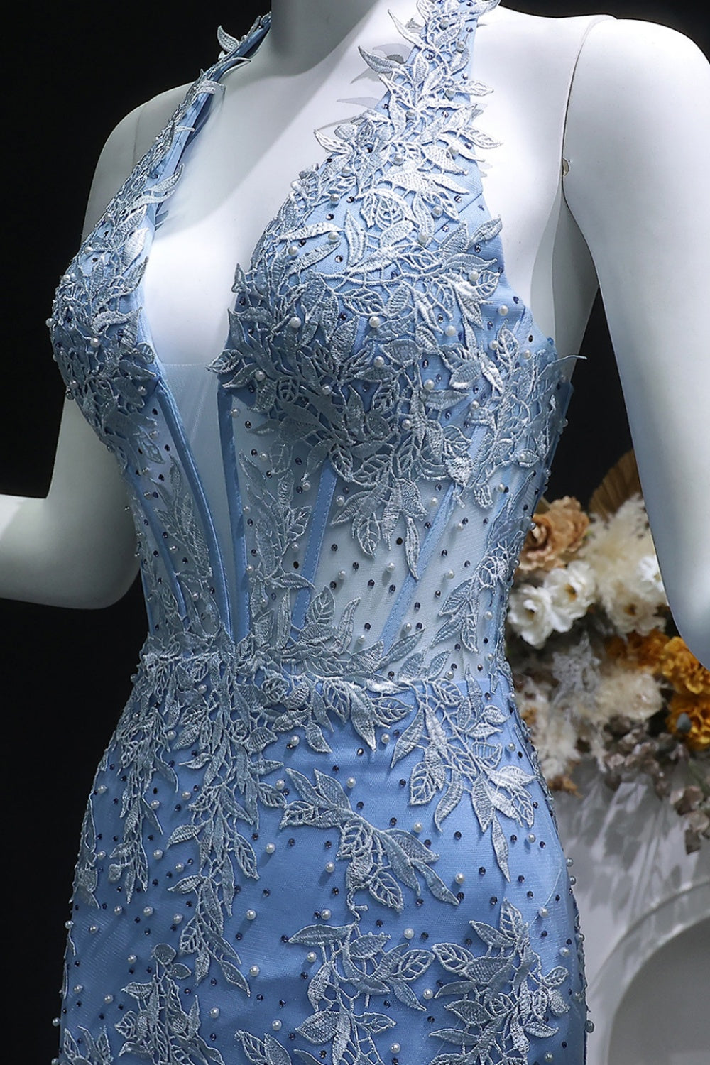 Light Blue Halter Mermaid Prom Dress with Lace Beaded SH170 Sheer Fairy