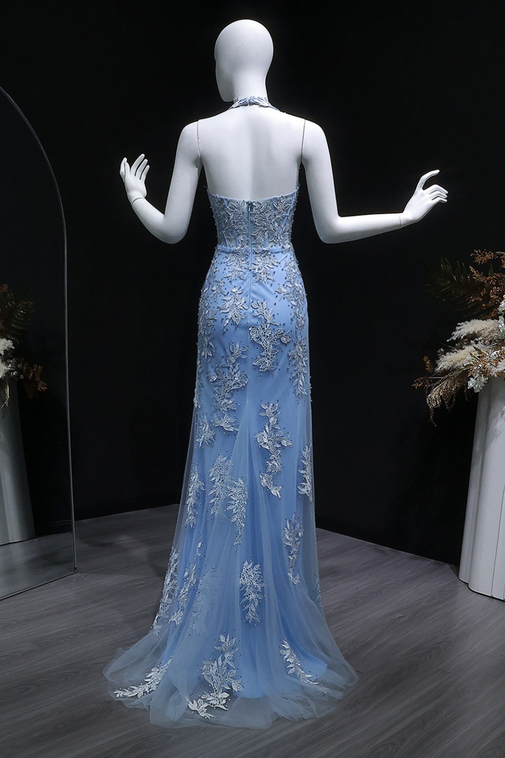 Light Blue Halter Mermaid Prom Dress with Lace Beaded SH170 Sheer Fairy