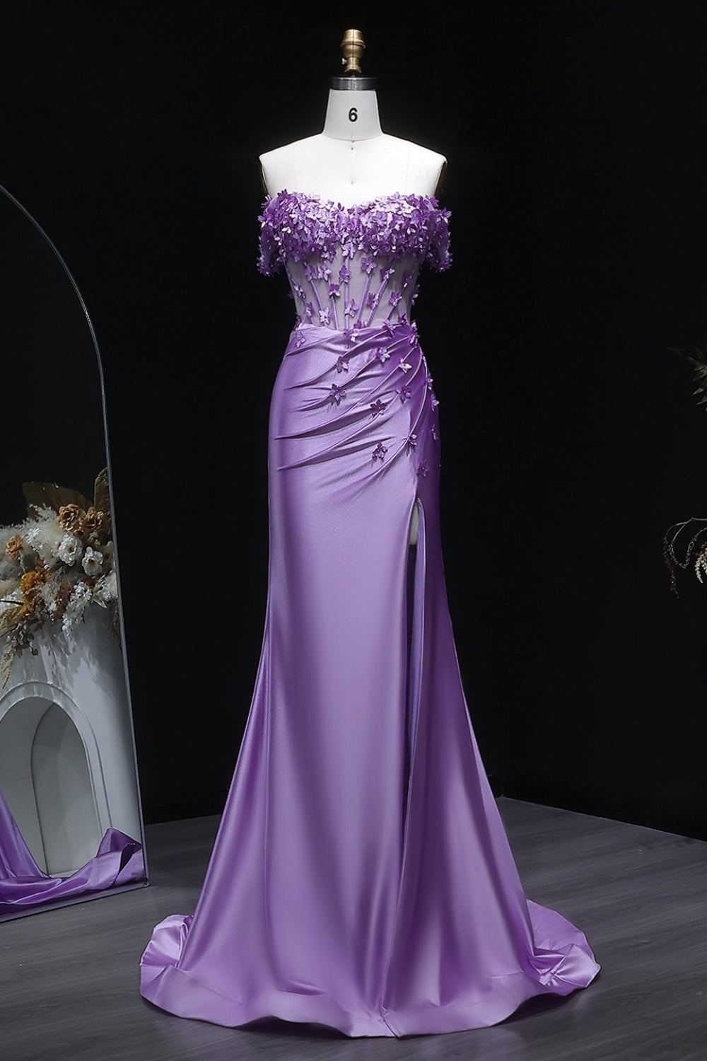 Purple Satin Mermaid Prom Dress with 3D Floral SH172 Sheer Fairy