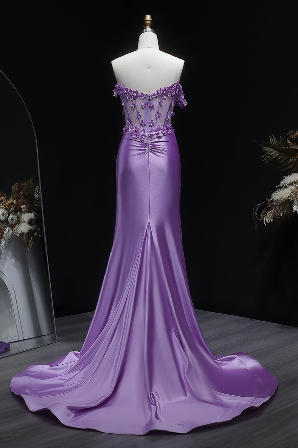 Purple Satin Mermaid Prom Dress with 3D Floral SH172 Sheer Fairy
