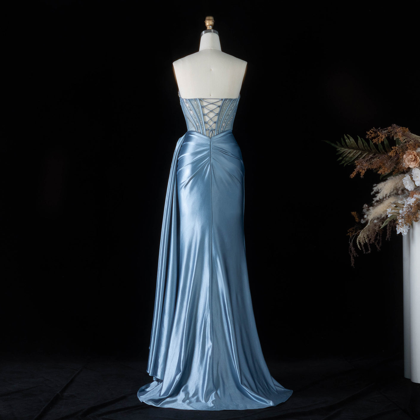 Dreamy Blue Wrap Ruched Side Overlay Strapless Mermaid Prom Dress SH195 Sheer Fairy